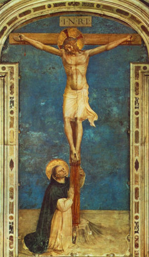 św. DOMINIK adorujący KRZYŻ: ANGELICO, Fra (ok. 1400, Vicchio nell Mugello - 1455, Rzym), lata 1440-te, fresk, 340 x 155 cm, Convento di San Marco, Florencja; źródło: www.christusrex.org