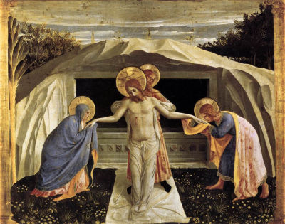 ZŁOŻENIE do GROBU: ANGELICO, Fra (ok. 1400, Vicchio nell Mugello - 1455, Rzym), 1438-40, tempera na desce, 38 x 46 cm, Alte Pinakothek, Monachium; źródło: www.wga.hu