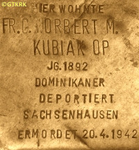 KUBIAK John (Bro. Norbert Mary) - Commemorative plaque, Dominican monastery, 45 Lindenstraße, Cologne – Neustadt-Süd, source: museenkoeln.de, own collection; CLICK TO ZOOM AND DISPLAY INFO