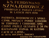 SZNAJDROWICZ Ferdinand - Commemorative plaque, St Bartholomew parish church, Lipowa, source: lipowaiokolice.blogspot.com, own collection; CLICK TO ZOOM AND DISPLAY INFO