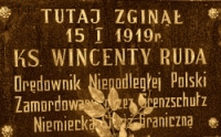 RUDA Vincent - Commemorative plaque, monument at the martyrdom site, forest by Marcinki, source: www.polskaniezwykla.pl, own collection; CLICK TO ZOOM AND DISPLAY INFO