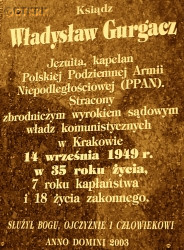 GURGACZ Vladislav - Commemorative plaque, Jesuit Father hall of residence, Nowy Sącz, source: pl.wikipedia.org, own collection; CLICK TO ZOOM AND DISPLAY INFO