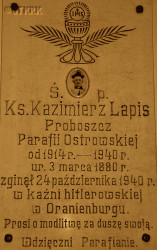 LAPIS Casimir - Commemorative plaque, parish church, Ostrowo; source: thanks to Mr Sławomir Gacek kindness, own collection; CLICK TO ZOOM AND DISPLAY INFO