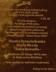SONSALLA Anne (Sr Mary Herais) - Commemorative plaque, monument, murder site commemorative complex, Pokój – solemn dedication on 17.02.2016; source: thanks to a donor who wishes to remain anonymous, own collection; CLICK TO ZOOM AND DISPLAY INFO