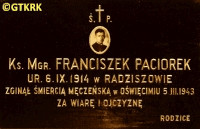 PACIOREK Francis - Commemorative plaque, St Lawrence parish church, Radziszów, source: sdm.upjp2.edu.pl, own collection; CLICK TO ZOOM AND DISPLAY INFO