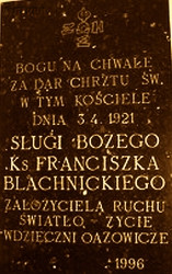 BLACHNICKI Francis Charles - Commemorative plaque, Our Lady of Sorrows, Rybnik, source: www.kik.katowice.opoka.org.pl, own collection; CLICK TO ZOOM AND DISPLAY INFO