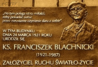 BLACHNICKI Francis Charles - Commemorative plaque, academic chapel, Rybnik, source: www.encyklo.pl, own collection; CLICK TO ZOOM AND DISPLAY INFO