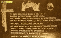 NOWAK Edmund - Commemorative plaque, parish church, Wąsosze; source: „Reverend Colonel Dr Edmund Nowak (1891-1940)”, Barbara Ziółkowska-Tarkowska, own collection; CLICK TO ZOOM AND DISPLAY INFO