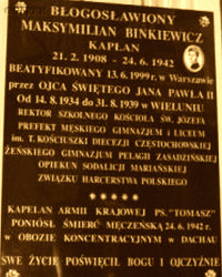 BINKIEWICZ Maksymilian - Tablica pamiątkowa, kościół pw. św. Józefa, Wieluń, źródło: www.basiapg.republika.pl, zasoby własne; KLIKNIJ by POWIĘKSZYĆ i WYŚWIETLIĆ INFO