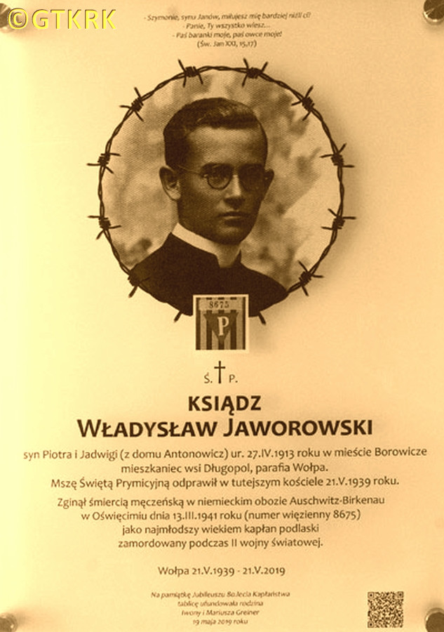 JAWOROWSKI Vladislav - Commemorative plaque, parish church, Volpa, source: www.witraze.info, own collection; CLICK TO ZOOM AND DISPLAY INFO