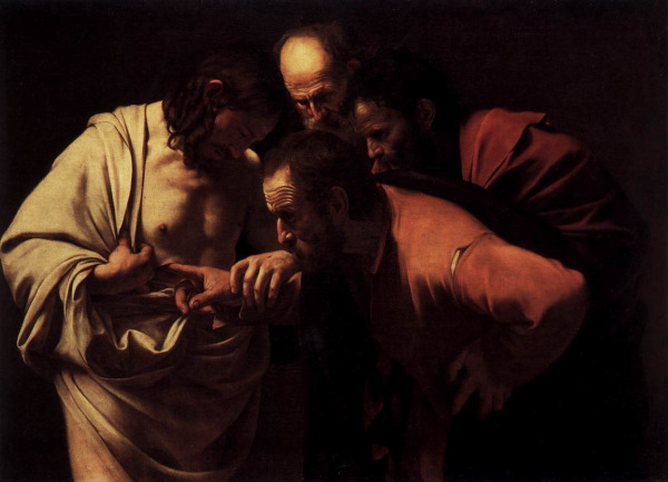 NIEDOWIARSTWO św. TOMASZA - Caravaggio (1571, Mediolan - 1610, Porto Ercole), 1601-02, olejny na płótnie, 107x146 cm, Zamek Sanssouci, Poczdam; źródło: www.wga.hu