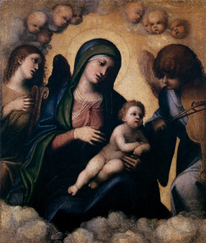 MADONNA I DZIECIĘ W GLORII: CORREGIO (ok. 1490, Correggio - 1534, Correggio) - ok. 1510, olejny na desce, 20×16 cm, Galleria degli Uffizi, Florencja; źródło: www.wga.hu