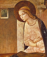 MADONNA: FRA ANGELICO (ok. 1395, Vicchio nell Mugello – 1455, Rzym), fragm. Zwiastowania, 1450, fresk, konwent San Marco, Florencja; źródło: www.wga.hu