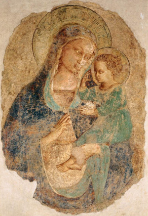 MADONNA I DZIECIĘ: ANGELICO, Fra (ok. 1400, Vicchio nell Mugello - 1455, Rzym), 1435, część fresku, 116×75×2 cm, konwent pw. św. Dominika, Fiesole; źródło: www.wga.hu