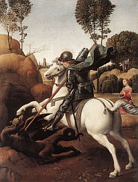św. JERZY i SMOK: RAFFAELLO Sanzio (1483, Urbino - 1520, Rzym), 1505-06, olejny na desce, 28.5x21.5cm, National Gallery of Art, Waszyngton; źródło: www.wga.hu