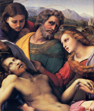ZŁOŻENIE DO GROBU: SANZIO, Rafał (1483, Urbino - 1520, Rzym), 1507, olejny na desce, 184×176 cm, Galleria Borghese, Rzym; źródło: www.wga.hu