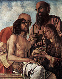 PIETÀ: BELLINI, Giovanni (ok 1426, Wenecja - 1516, Wenecja), 1471-74, olejny na panelu, 106x84cm, Pinacoteca, Watykan; źródło: www.wga.hu