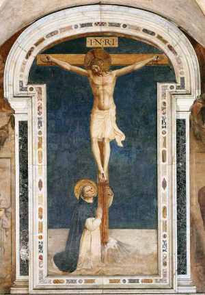 ŚW. DOMINIK ADORUJĄCY KRZYŻ - ANGELICO, Fra (ok. 1400, Vicchio nell Mugello - 1455, Rzym), 1441-2, fresk, 340×206 cm, Convento di San Marco, Florencja; źródło: www.wga.hu
