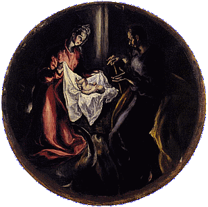 NARODZENIE: GRECO, El (1541, Candia - 1614, Toledo), 1603-05, olejny na płótnie, średnica 128cm, Hospital de la Caridad, Illescas; źródło www.wga.hu