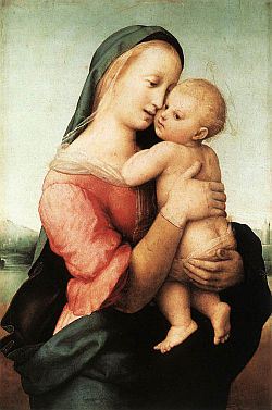 MADONNA z DZIECKIEM (TEMPI MADONNA): RAFFAELLO Sanzio (1483, Urbino - 1520, Rzym), 1508, olejny na desce, 75x51cm, Alte Pinakothek, Monachium; źródło: www.wga.hu