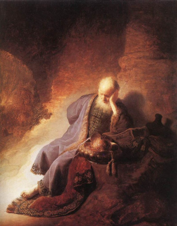 JEREMIASZ OPŁAKUJĄCY ZBURZENIE JEROZOLIMY – REMBRANDT Harmenszoon van Rijn (1606, Leiden - 1669, Amsterdam), 1630, olejny na desce, 58×46 cm, Rijksmuseum, Amsterdam; źródło: pl.wikipedia.org