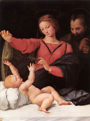 MADONNA Z LORETO: SANZIO, Raffaello (1483, Urbino - 1520, Rzym), ok. 1509-10, olejny na desce, 120×90 cm, Musée Condé, Chantilly; źródło: www.wga.hu