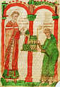 LEON IX i OPAT WARINUS z METZ: XI w., miniatura, biblioteka Bi-Regional, Berno; źródło: www.habsburg.net