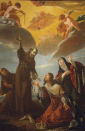 św. FRANCISZEK przekazujący SZNUR i REGUŁĘ ZAKONNĄ św. LUDWIKOWI i bł. IZABELLI: Jean SENELLE (1603, Meaux – po 1671, Paryż); źródło: veneziana.mabulle.com