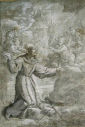 św. PASCHALIS BAYLON ADORUJĄCY EUCHARYSTIĘ: VICTORIA, Vicente (1650, Denia, Alicante - 1709, Rzym), przed 1679, szkic, rysunek na papierze, 405x279mm; źródło: www.artnet.com