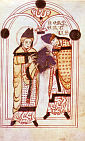 św. AUGUSTYN wręczający św. NORBERTOWI REGUŁĘ ZAKONU AUGYSTYNIANÓW: XII w., z 'Życia św. Norberta'; źródło: en.wikipedia.org
