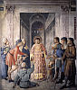 św. WAWRZYNIEC ROZDZIELA POMOC UBOGIM: ANGELICO, Fra (ok. 1400, Vicchio nell Mugello - 1455, Rzym), 1447-49, fresk, 271x205cm, Cappella Niccolina, Palazzi Pontifici, Watykan; źródło: www.wga.hu