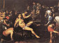 MĘCZEŃSTWO św. WAWRZYŃCA: VALENTIN DE BOULOGNE (1591, Coulommier-en-Brie - 1632, Rzym), olejny na płótnie, 1621-1622, 195x261cm, Museo del Prado, Madryt; źródło www.artrenewal.org