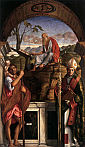 święci KRZYSZTOF, JEREMIASZ i LUDWIK z TULUZY: BELLINI, Giovanni (ok. 1426, Wenecja - 1516, Wenecja), 1513, olejny na panelu, 300x185cm, San Giovanni Crisostomo, Wenecja; źródło: www.wga.hu